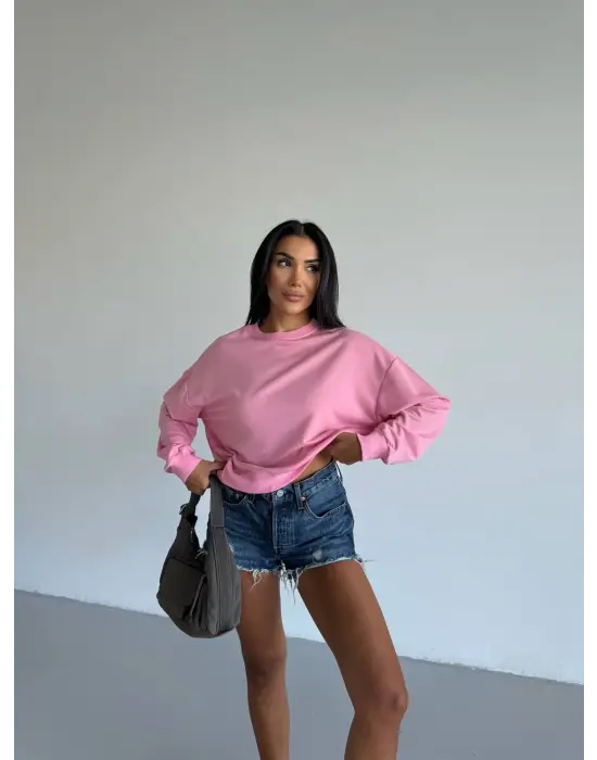 2 iplik bisiklet yaka sweat pembe f2339