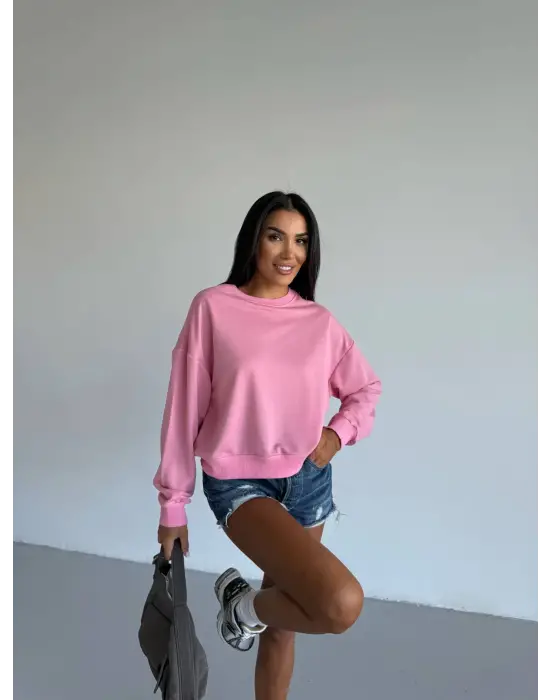 2 iplik bisiklet yaka sweat pembe f2339