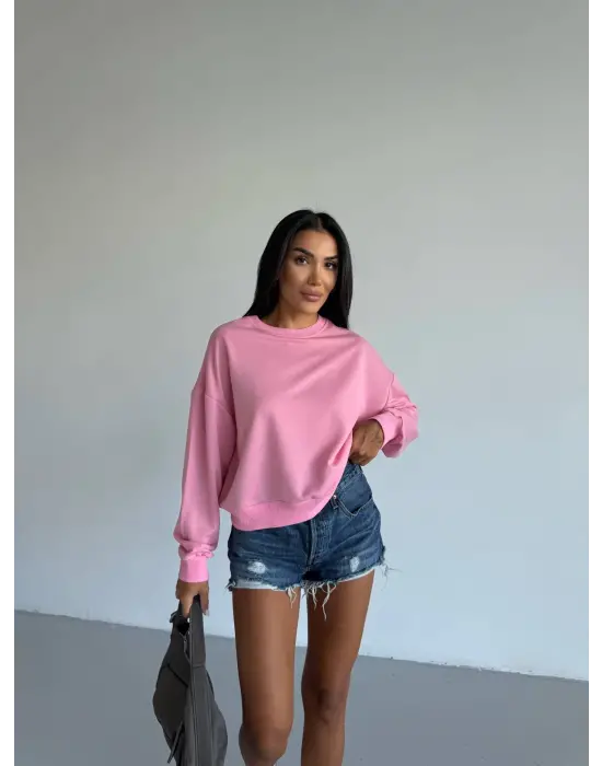 2 iplik bisiklet yaka sweat pembe f2339