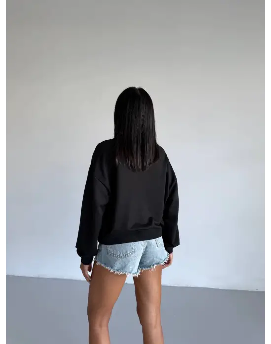 2 iplik bisiklet yaka sweat siyah f2339