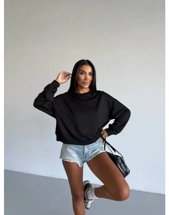 2 iplik bisiklet yaka sweat siyah f2339