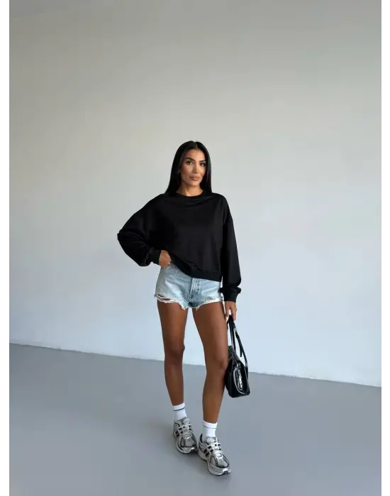 2 iplik bisiklet yaka sweat siyah f2339