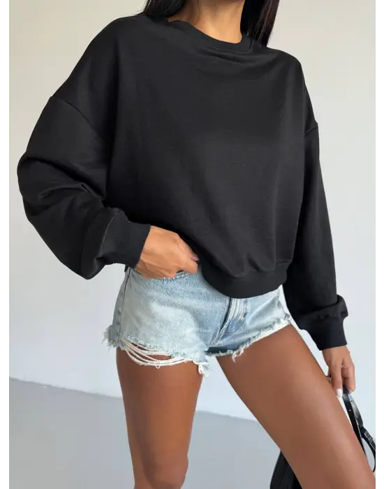 2 iplik bisiklet yaka sweat siyah f2339