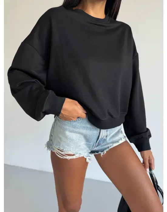 2 iplik bisiklet yaka sweat siyah f2339