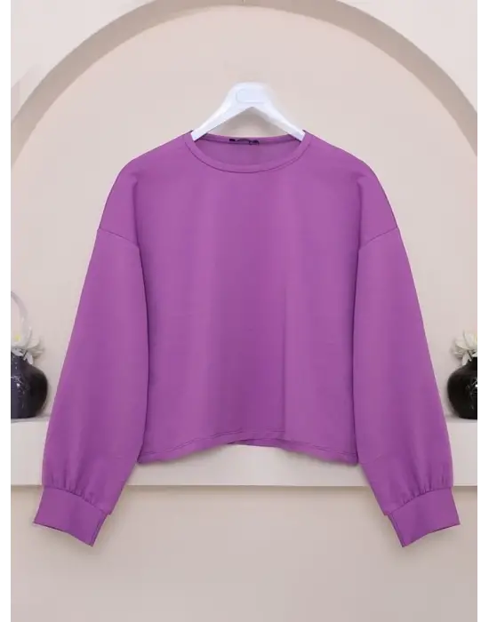 Omarı Yumuşak Dokulu Oversize Crop Sweatshirt - Leylak
