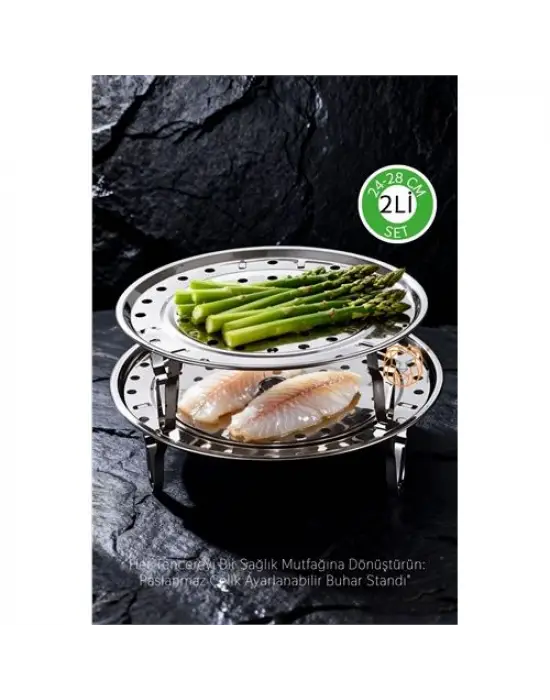 2li Set Inox Çelik Ayaklı Buharlı Pişirme Aparatı -  24+28 cm Çok Amaçlı Tencere İçi Haşlama Standı