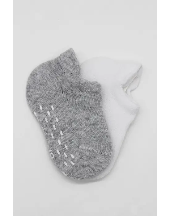 Omarı Kaymaz Tabanlı 2li Basic Penye Çorap Seti Gri Beyaz