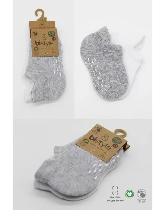 Omarı Kaymaz Tabanlı 2li Basic Penye Çorap Seti Gri Beyaz