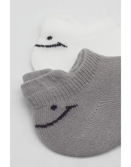Omarı 2li Penye Çorap Seti Gri Ekru Smile Desenli