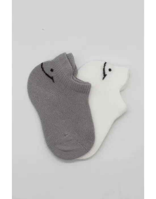 Omarı 2li Penye Çorap Seti Gri Ekru Smile Desenli