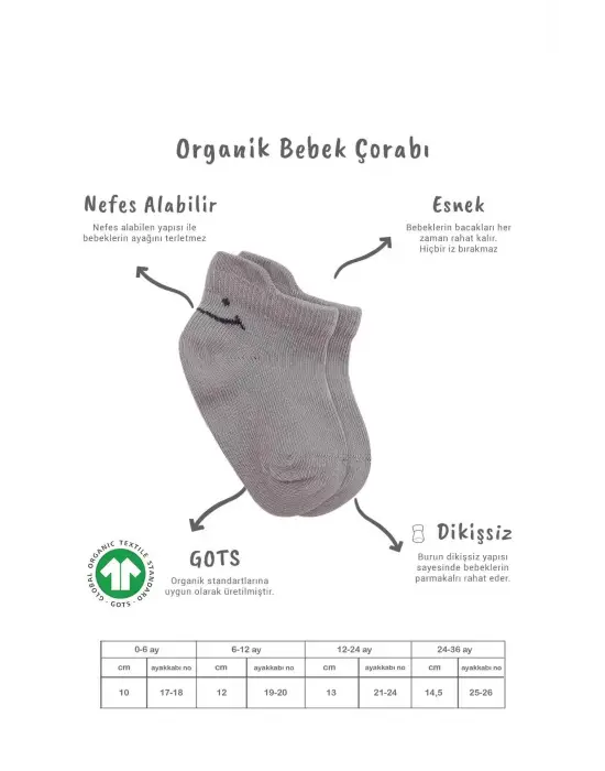 Omarı 2li Penye Çorap Seti Gri Ekru Smile Desenli