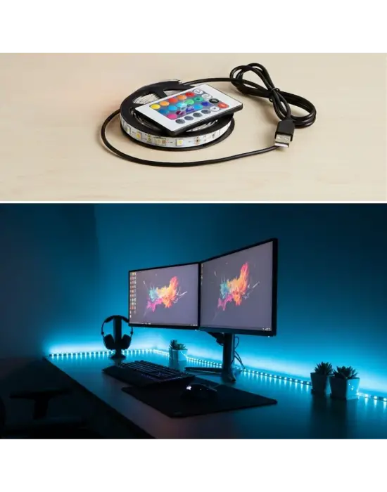 2 Metre Kumandalı USB LED Şerit Işık – Renk Ayarlı Dekoratif Ortam ve Ambiyans Aydınlatması