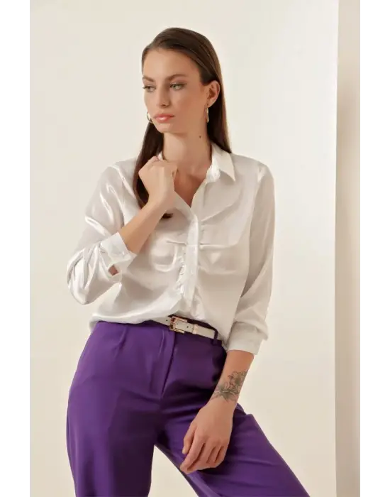 20112 Büzgülü Saten Gömlek - Beyaz