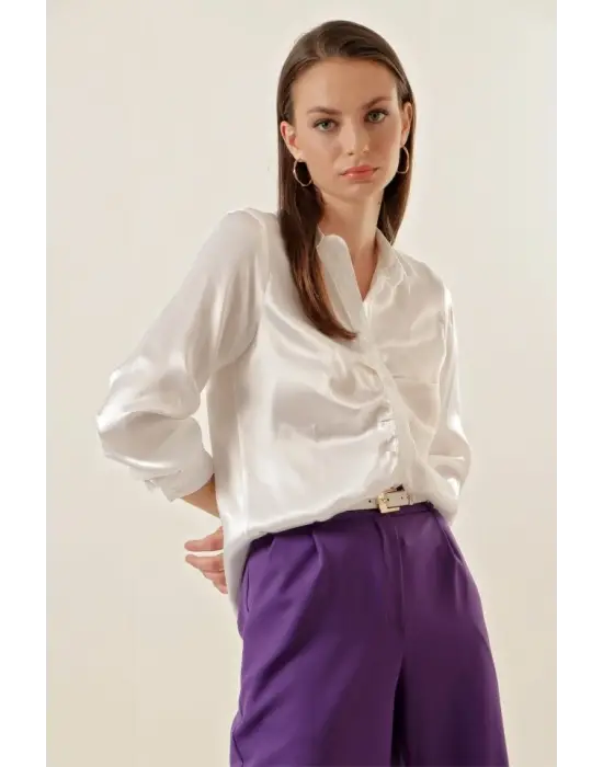 20112 Büzgülü Saten Gömlek - Beyaz
