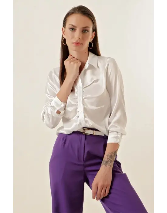 20112 Büzgülü Saten Gömlek - Beyaz