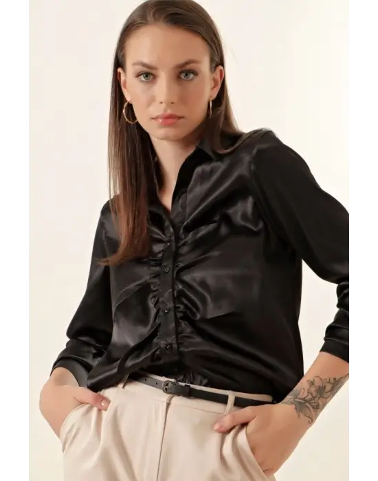 20112 Büzgülü Saten Gömlek - Siyah