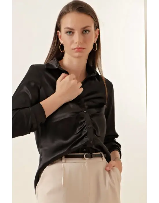 20112 Büzgülü Saten Gömlek - Siyah