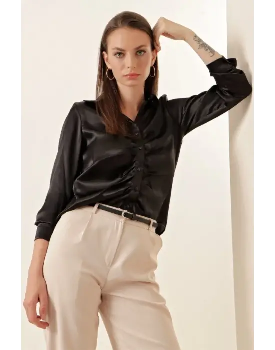 20112 Büzgülü Saten Gömlek - Siyah