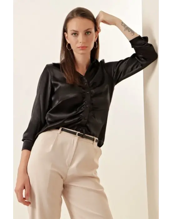 20112 Büzgülü Saten Gömlek - Siyah