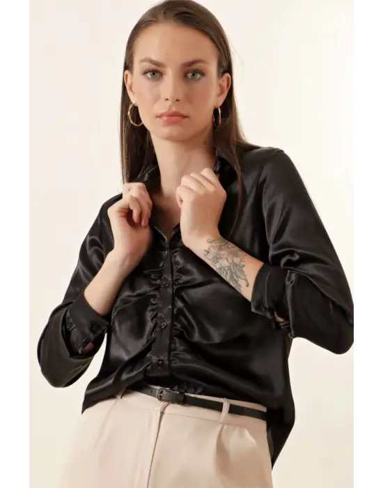 20112 Büzgülü Saten Gömlek - Siyah