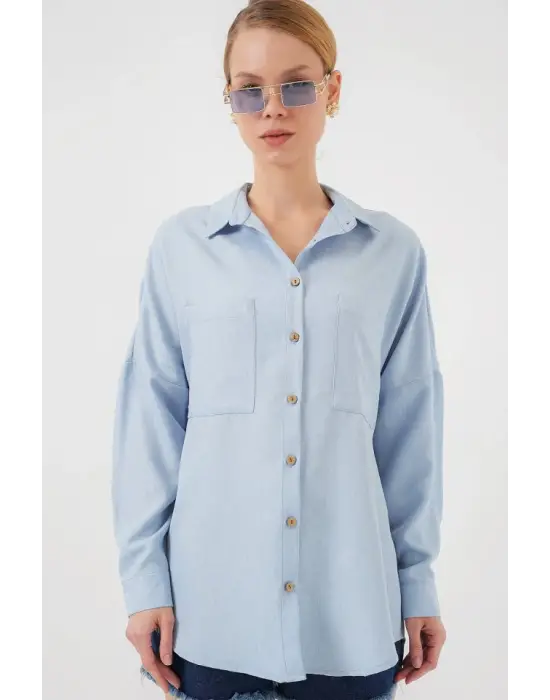 20126 Oversize Keten Gömlek - Mavi