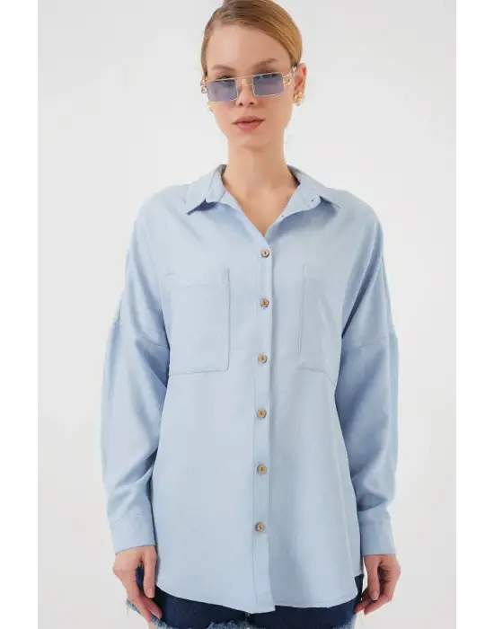 20126 Oversize Keten Gömlek - Mavi