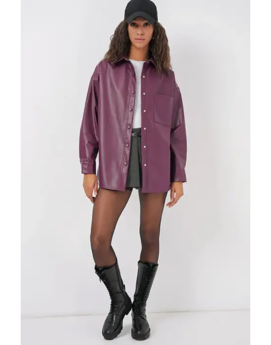 20134 Oversize Suni Deri Gömlek - Mürdüm