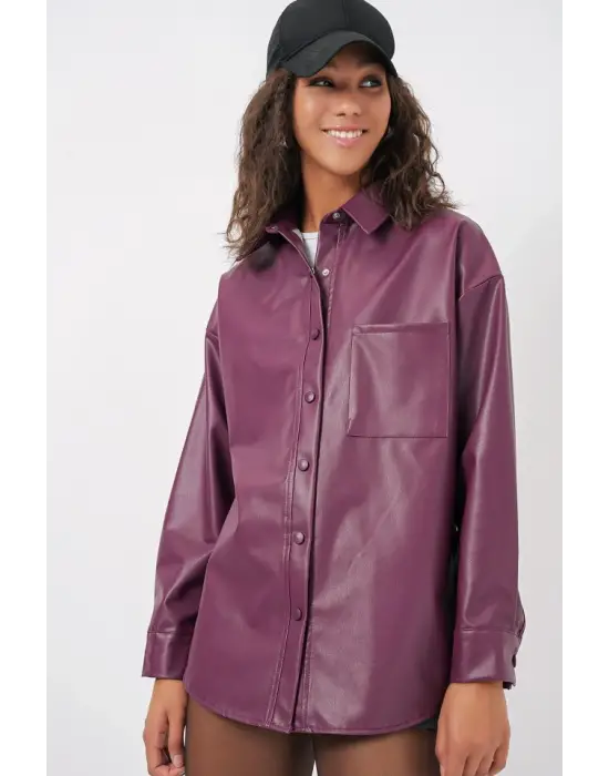 20134 Oversize Suni Deri Gömlek - Mürdüm