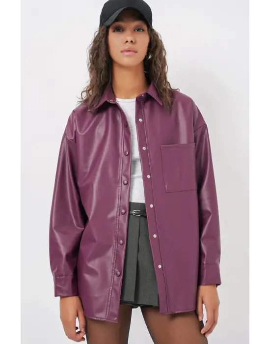 20134 Oversize Suni Deri Gömlek - Mürdüm