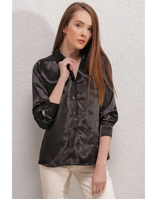 20140 Kruvaze Yaka Saten Gömlek - Siyah