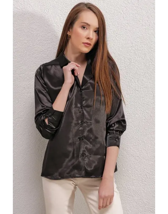 20140 Kruvaze Yaka Saten Gömlek - Siyah