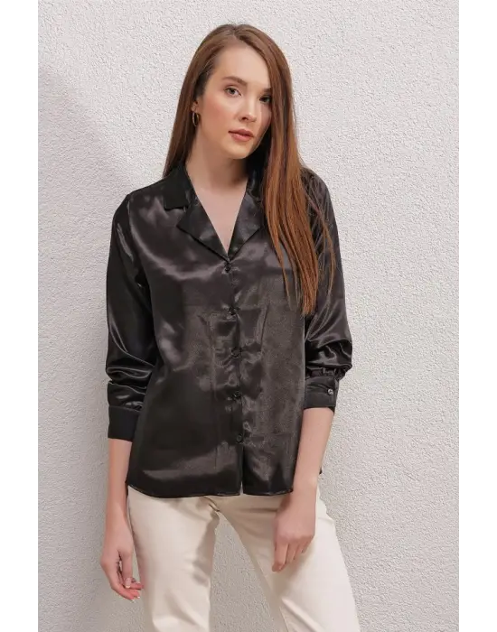 20140 Kruvaze Yaka Saten Gömlek - Siyah