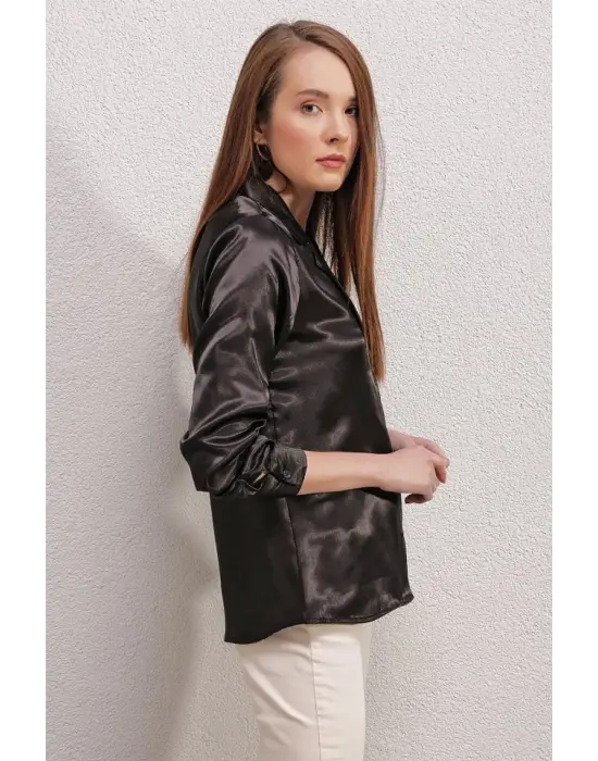 20140 Kruvaze Yaka Saten Gömlek - Siyah