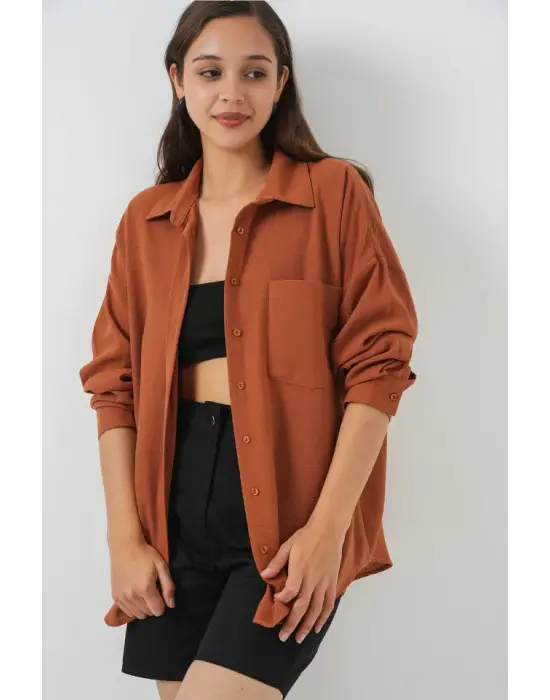 20153 Tek Cepli Oversize Keten Gömlek - A. Kiremit