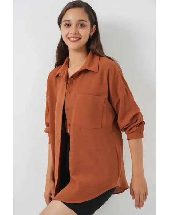 20153 Tek Cepli Oversize Keten Gömlek - A. Kiremit