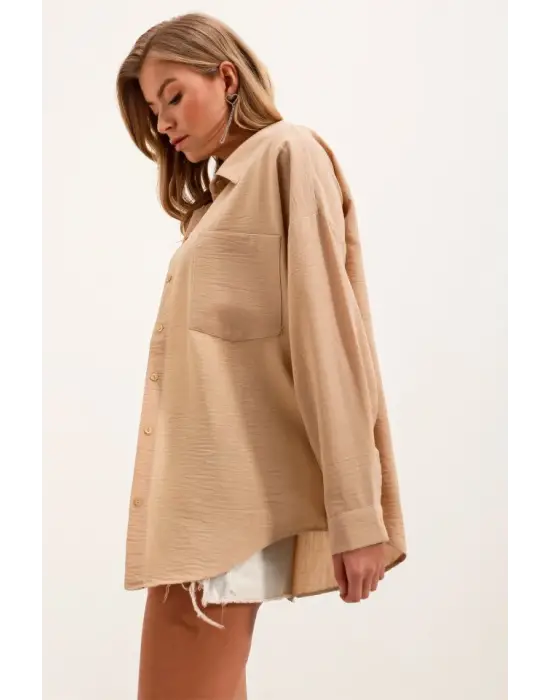 20153 Tek Cepli Oversize Keten Gömlek - A.Bej