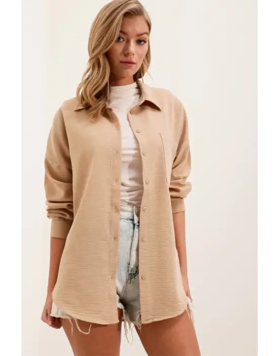 20153 Tek Cepli Oversize Keten Gömlek - A.Bej