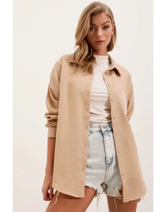 20153 Tek Cepli Oversize Keten Gömlek - A.Bej