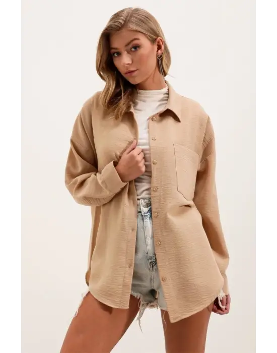 20153 Tek Cepli Oversize Keten Gömlek - A.Bej