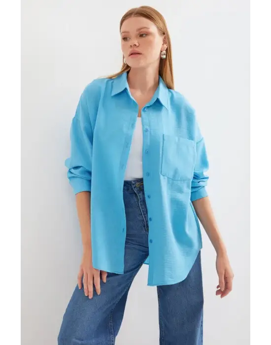 20153 Tek Cepli Oversize Keten Gömlek - Açık Mavi