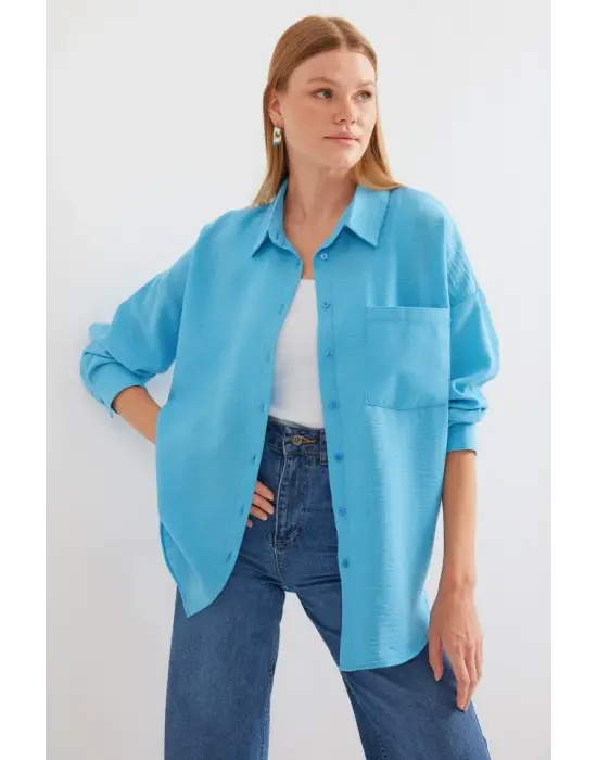 20153 Tek Cepli Oversize Keten Gömlek - Açık Mavi