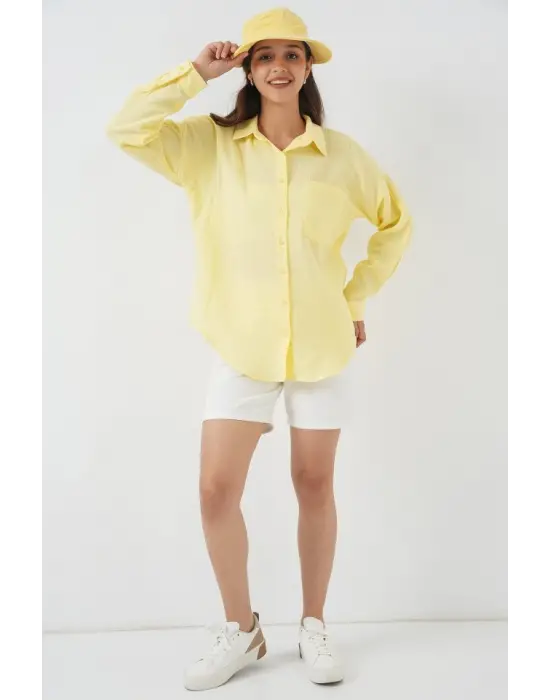 20153 Tek Cepli Oversize Keten Gömlek - Açık Sarı