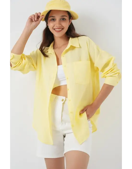 20153 Tek Cepli Oversize Keten Gömlek - Açık Sarı