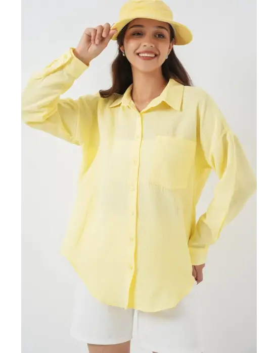 20153 Tek Cepli Oversize Keten Gömlek - Açık Sarı