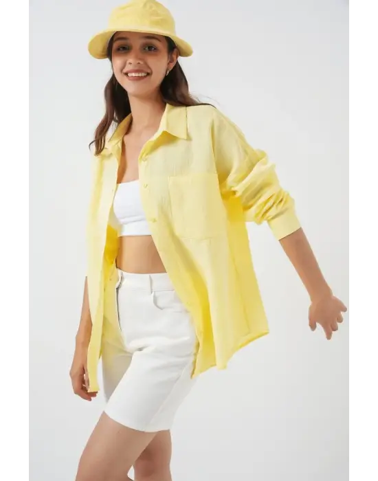 20153 Tek Cepli Oversize Keten Gömlek - Açık Sarı