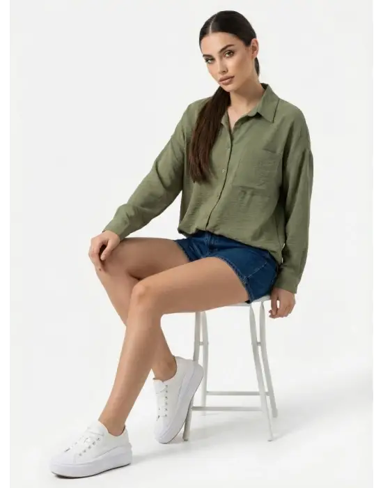 20153 Tek Cepli Oversize Keten Gömlek - A.Haki