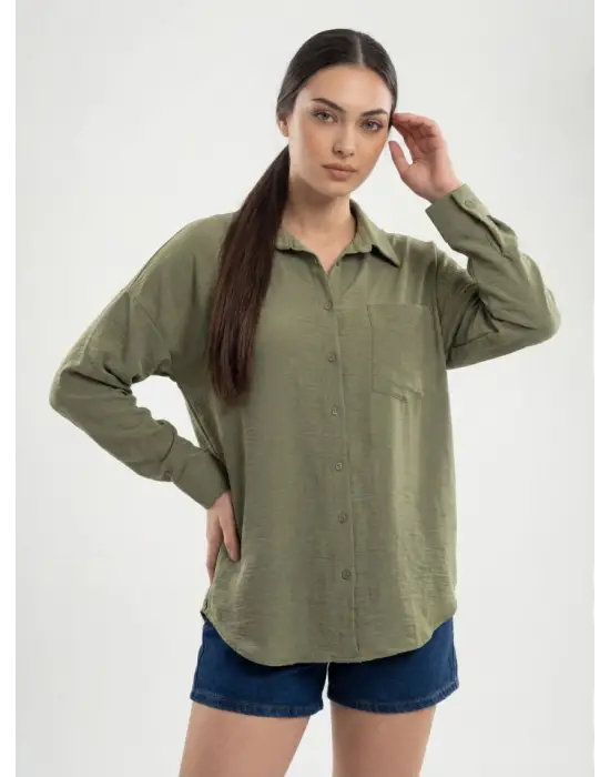 20153 Tek Cepli Oversize Keten Gömlek - A.Haki
