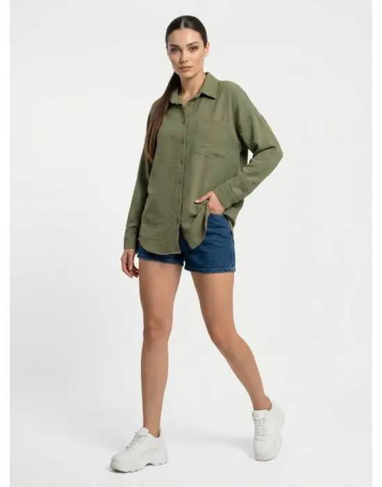 20153 Tek Cepli Oversize Keten Gömlek - A.Haki