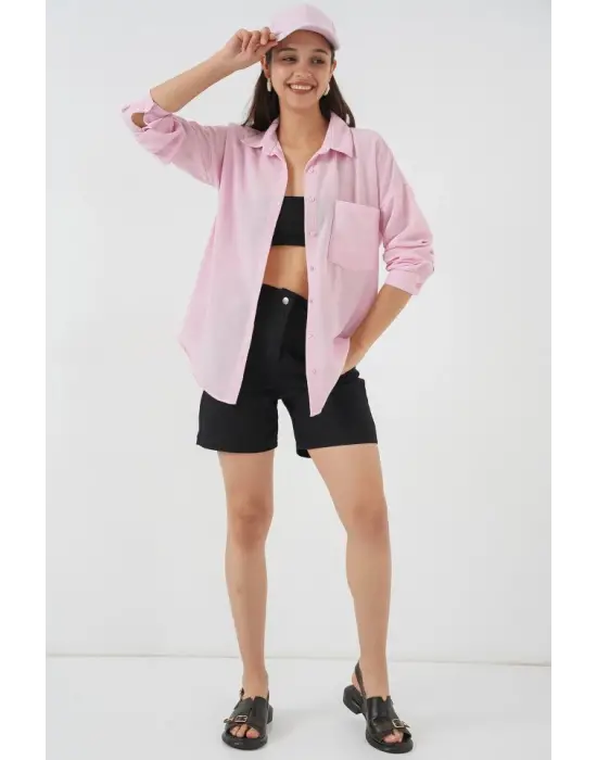 20153 Tek Cepli Oversize Keten Gömlek - A.Pudra