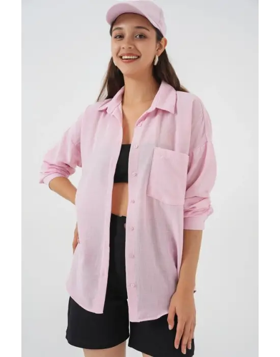 20153 Tek Cepli Oversize Keten Gömlek - A.Pudra